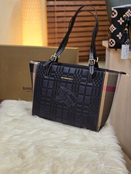 Embossed Check Pattern Structured Tote Bag